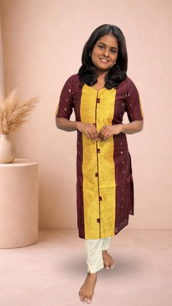Maroon & Mustard Panelled Cotton Kurti