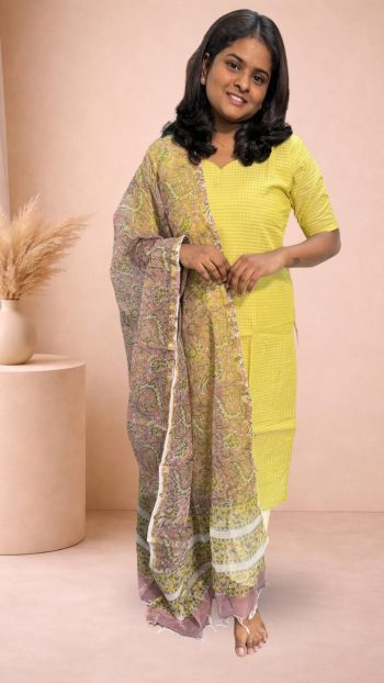 Lime Yellow Checks Kurti Set with Paisley Dupatta (only Top & Shawl)
