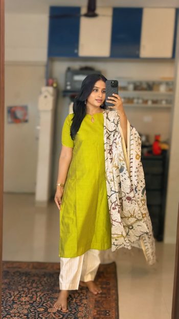 Lime Green Cotton Kurti Set with Printed Dupatta