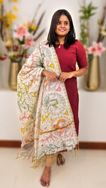 Elegant Hand-Painted Kalamkari Dupatta Set – Maroon Edition