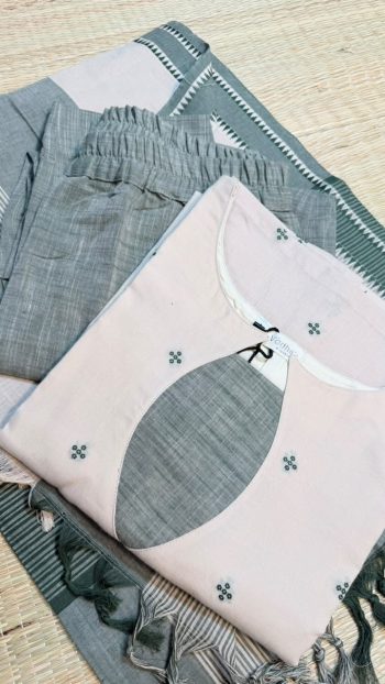Handloom Cotton 3-Piece Kurti Set | Sage & Blush