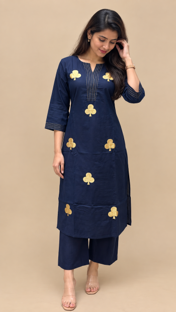 Navy Gold Motif A-Line Kurta Set