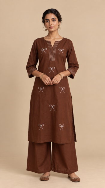 Chocolate Brown Bow Motif Kurta Set