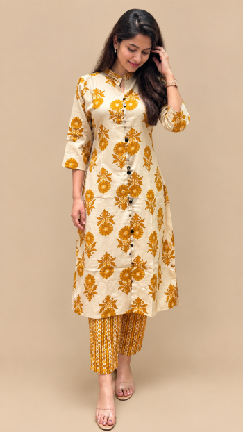 Mustard Floral A-Line Kurta Set