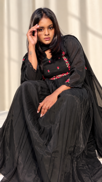 Hand-Embroidered Mul Chanderi A-Line Kurti Set